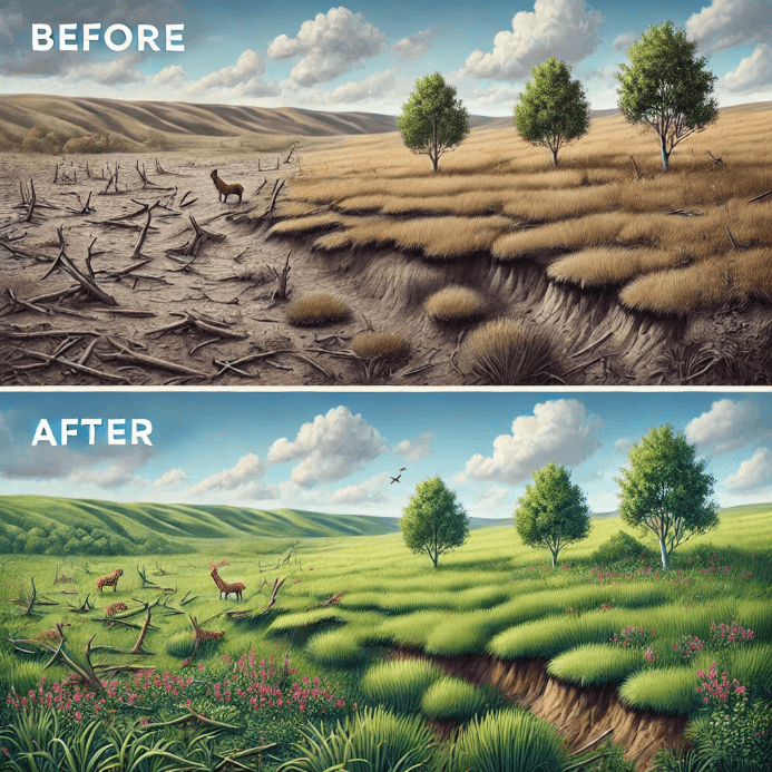 Degraded grasslands compared to restoration results, showcasing successful projects in Kenya or Australia by freepik