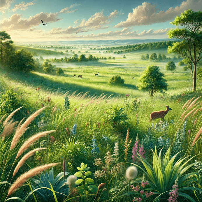 A close-up image of a grassland with elements that indicate life, such as fertile soil, plant roots barely visible above the surface, and distinctive plant species. This photo provides an immediate visual impression of how grasslands store carbon naturally by freepik