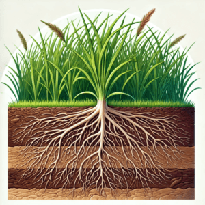 Diagram of grassland plant roots growing several meters underground, with labels about carbon storage in the soil by freepik