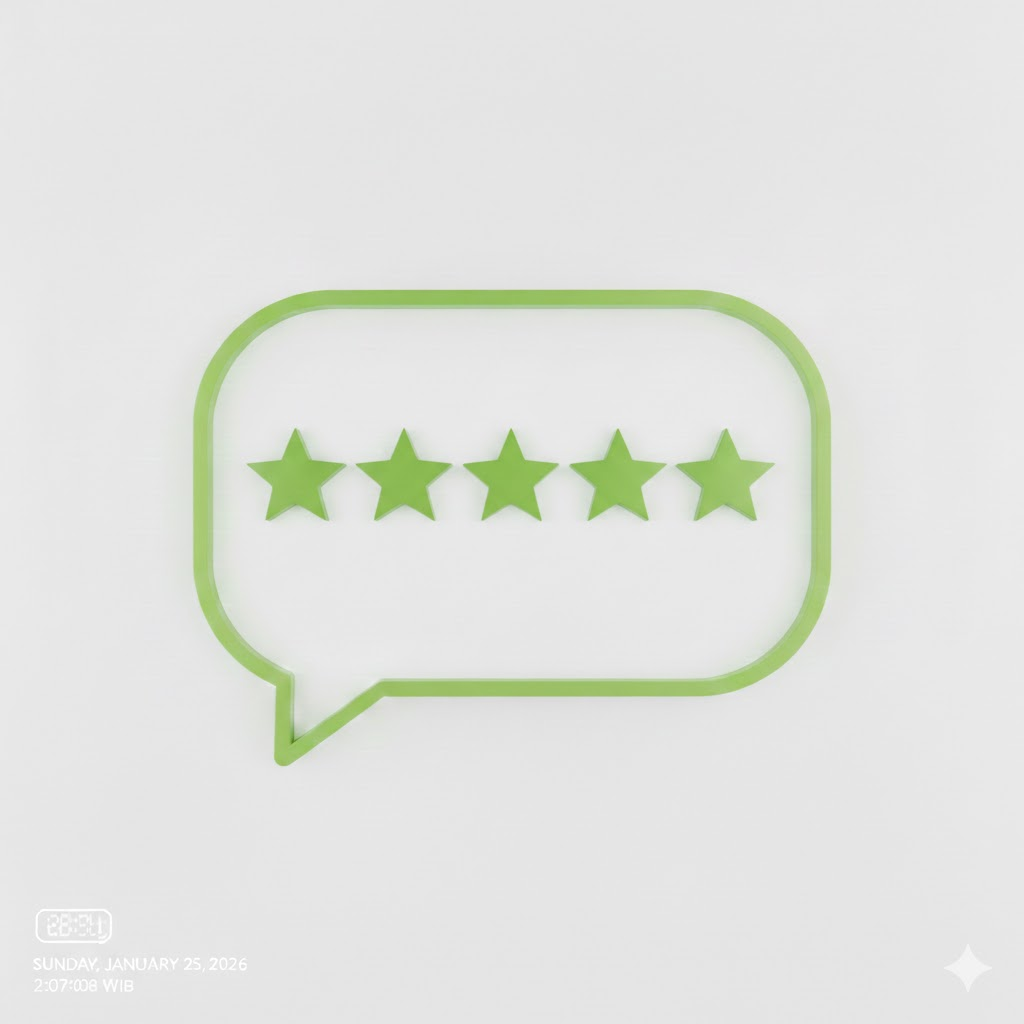 Illustration of a green speech bubble featuring five stars as a symbol of rating or positive customer review.